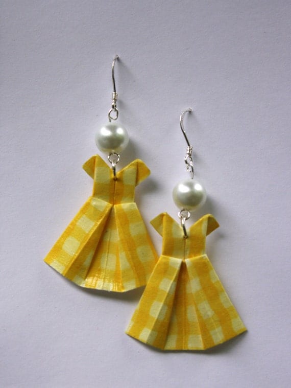 Yellow Gingham Origami Dress Earrings