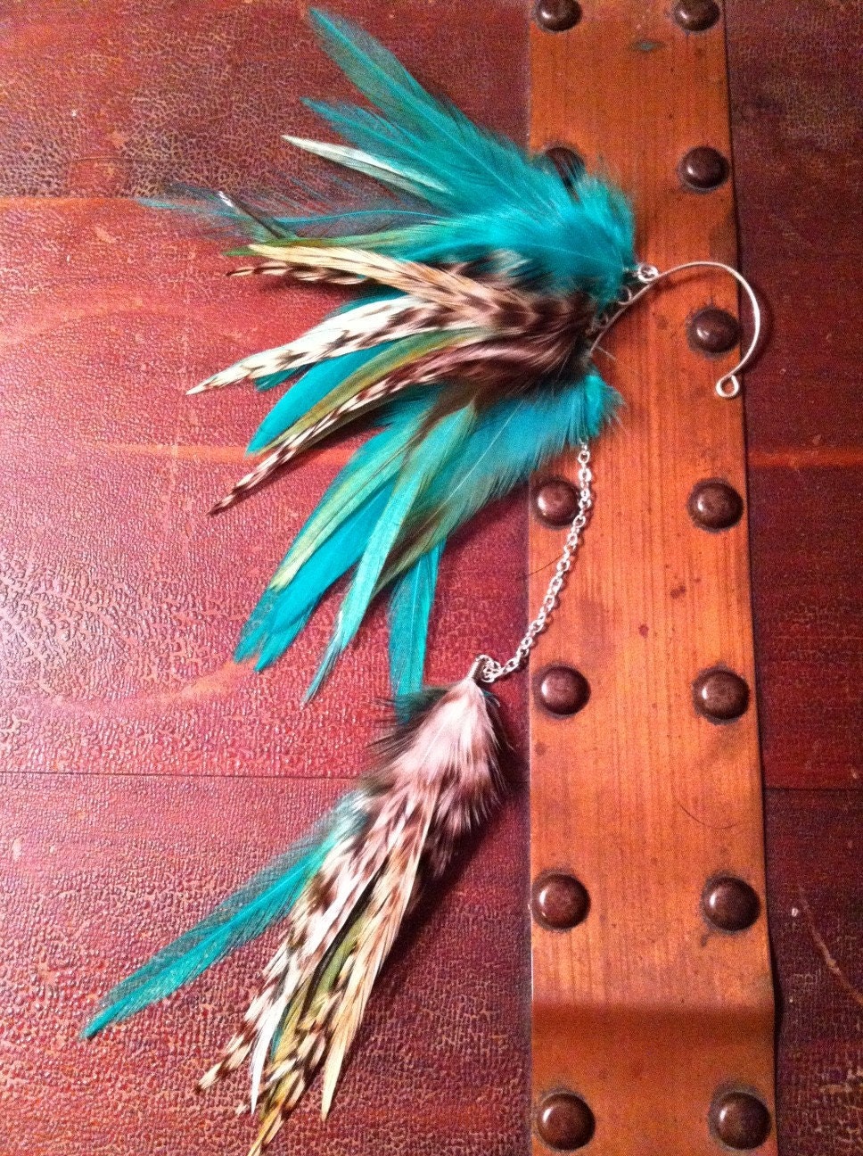 Feather Ear Cuff / Wrap with Chain - Aqua Angel