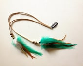 Tribal Bohemian Long Feather Clip With Beads, Leather, Ocean Turquoise, Ginger Hair Accessories - PrettyVagrant