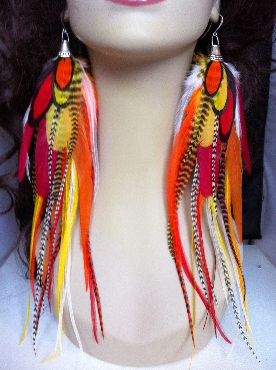 Handmade Feather Earrings Extra Long Sun Goddess by PrettyVagrant