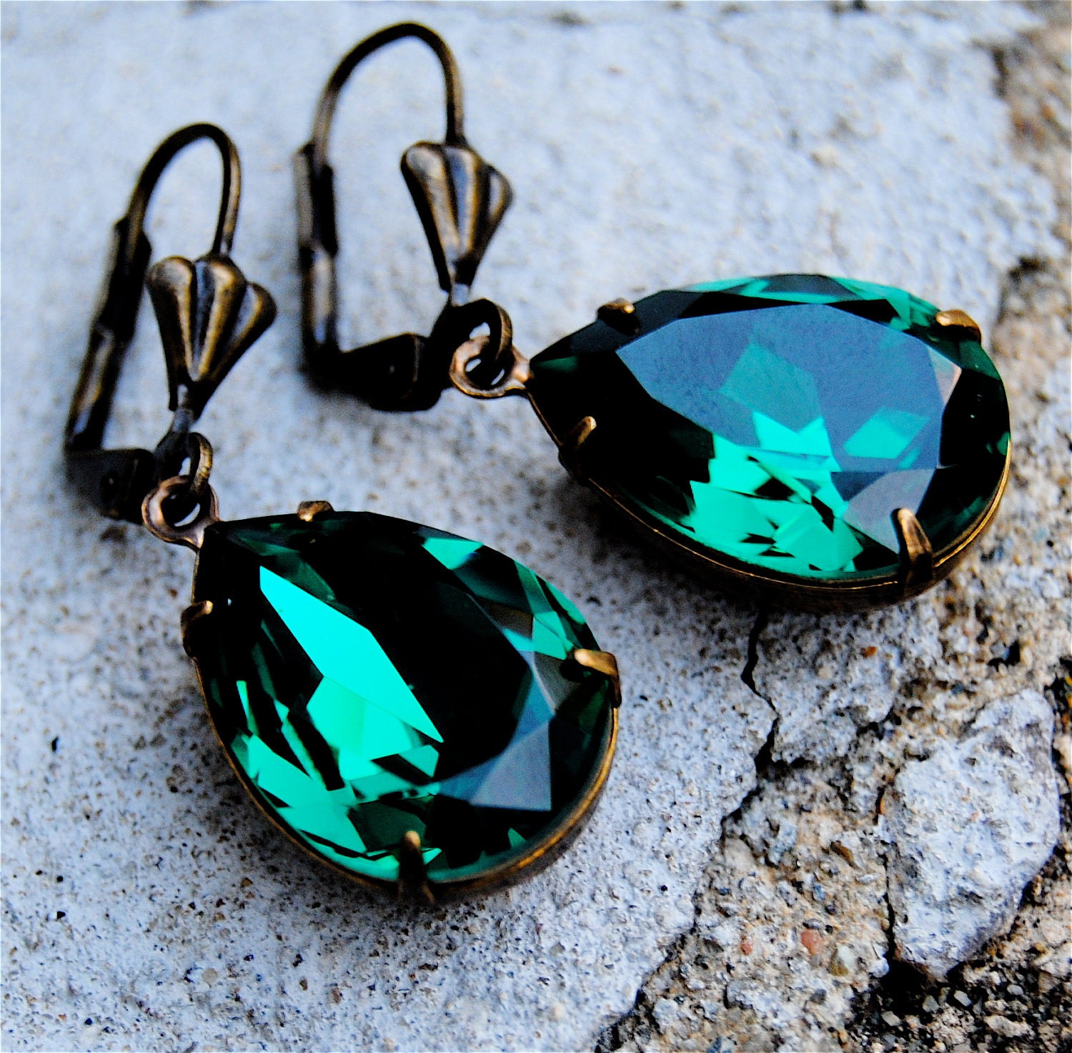 Emerald Earrings, Duchess Swarovski Crystal Earrings - Emerald Green Pears in Vintage Brass - Dangle Earrings