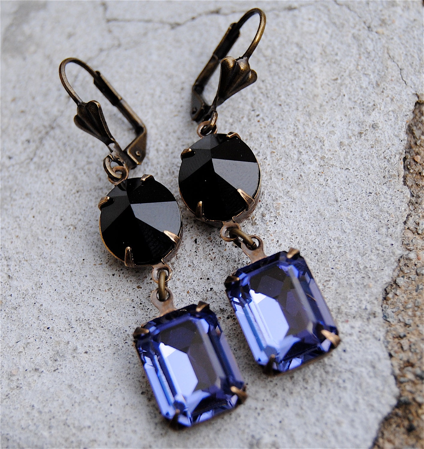 Vintage Swarovski Crystal Earrings - Duchess Sparklers - Black Noir and Purple Tanzanite Ice Crystals in Vintage Distressed Brass