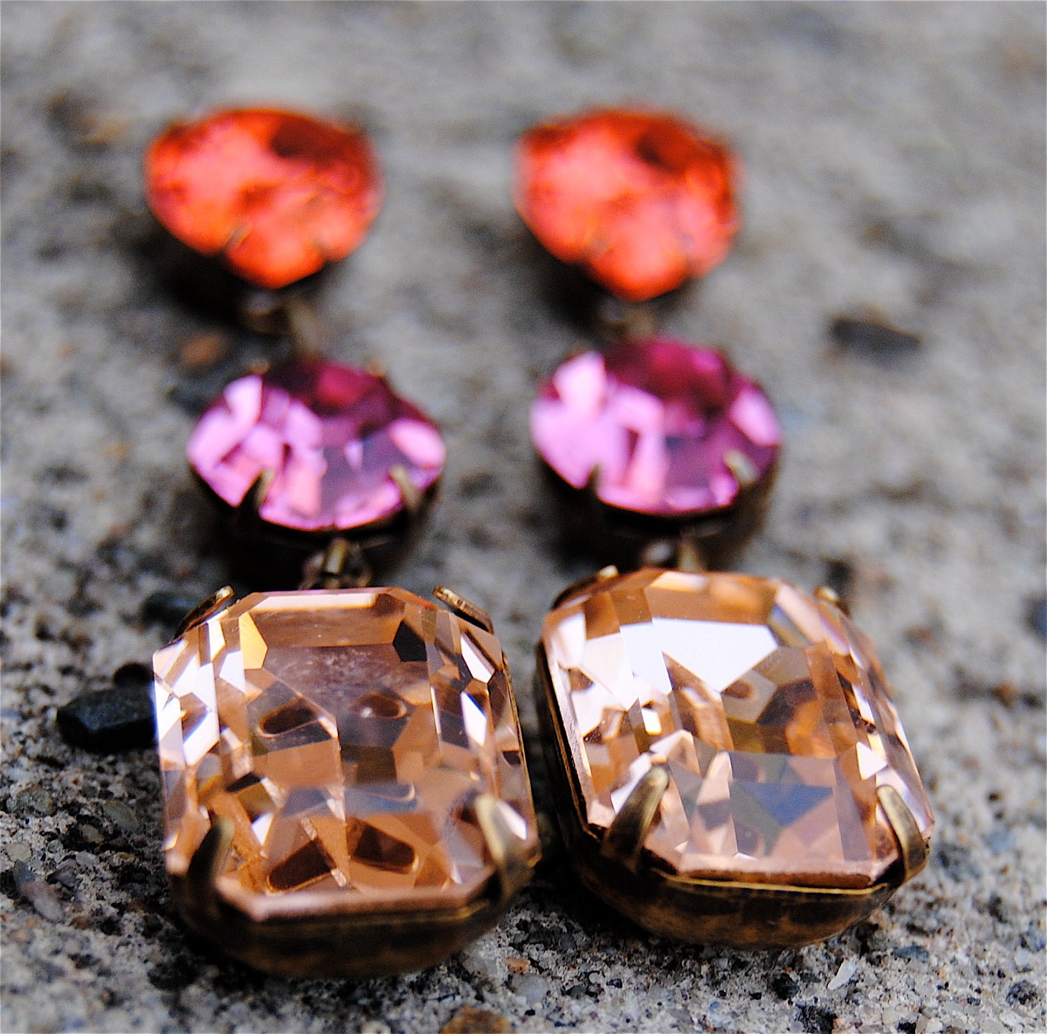 Vintage Swarovski Crystal Earrings - Fiesta Sparklers - Watermelon, Rose Pink & Peach in Distressed Brass