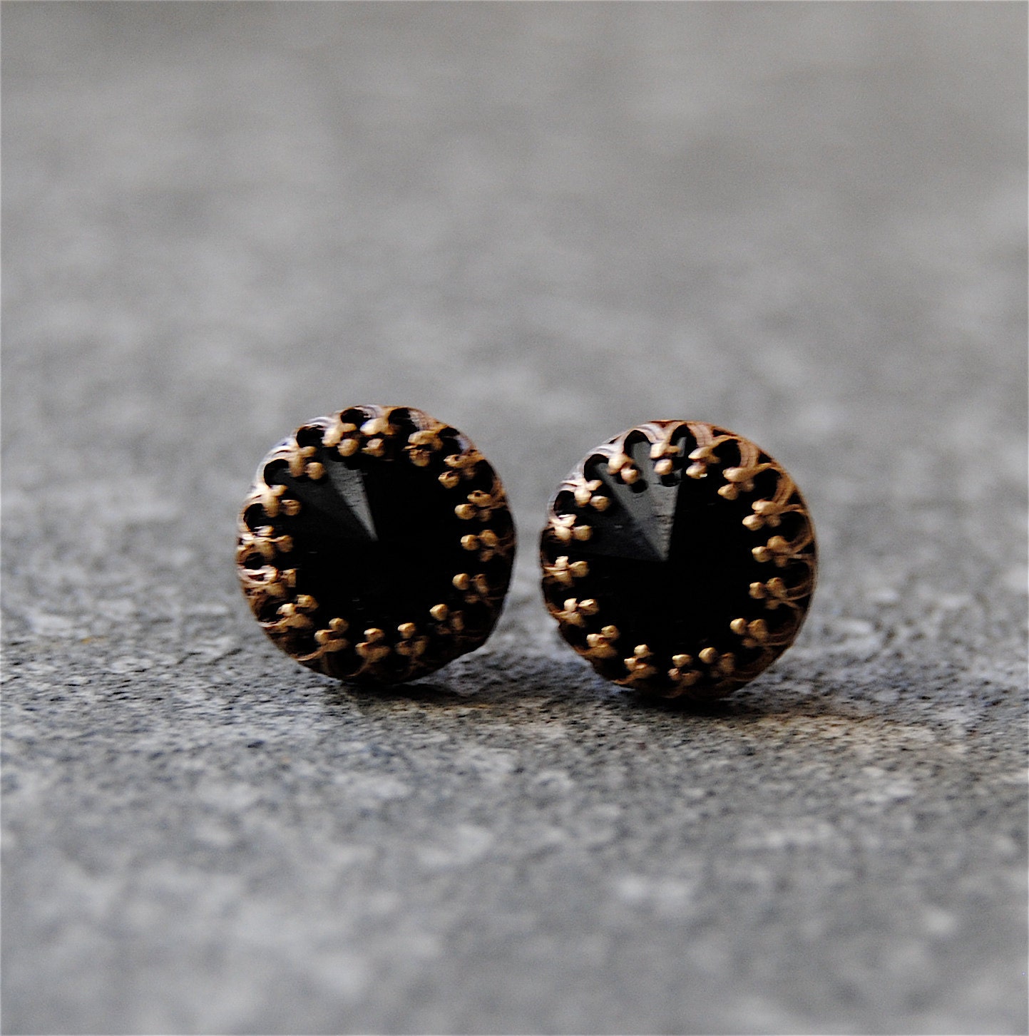 Swarovski Crystal Earrings Minnies - Crown Victorian - Black Noir and Antiqued Brass Studs