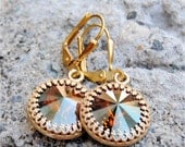 Swarovski Crystal Earrings - Super Sparklers Victorian Queen - Rootbeer Float Copper Mist & Gold Crown Dangle Earrings
