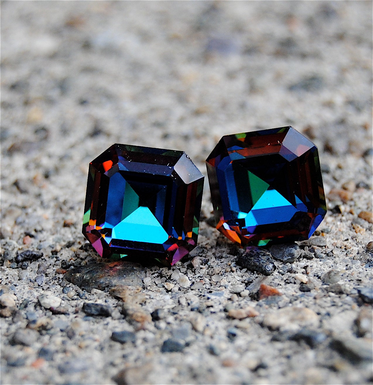 Vintage Super Sparklers Medium - RARE Vintage Dark Rainbow Square Swarovski Crystal Stud Earrings