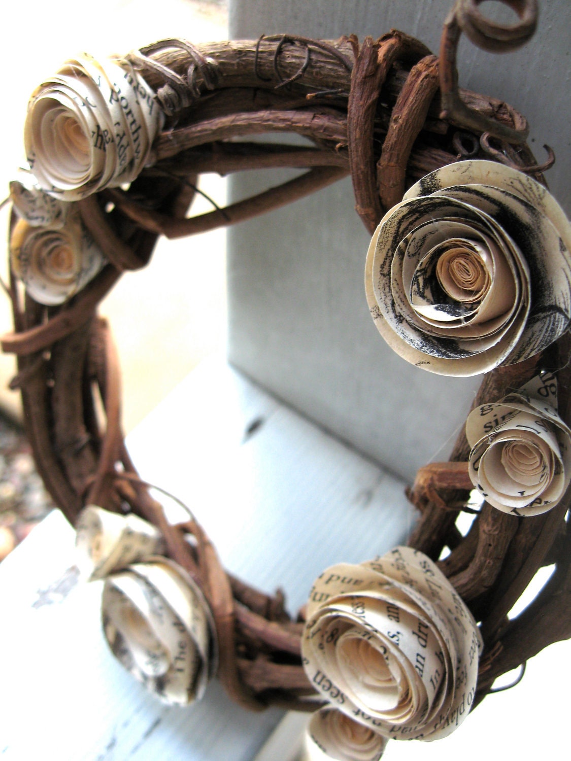 Small woven wooden wreath with vintage book blooms--home decor, weddings, holiday, winter, autumn, spring, summer
