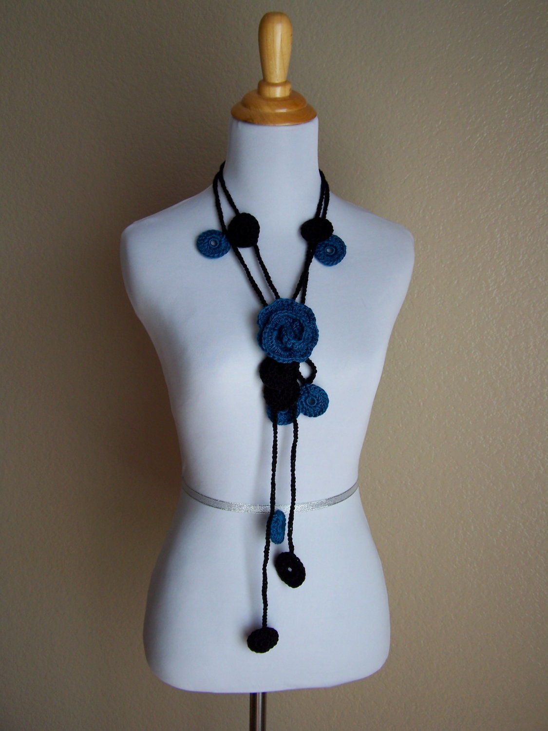 Crochet Lariat Scarf Flower and Medallions Black and Dark Teal