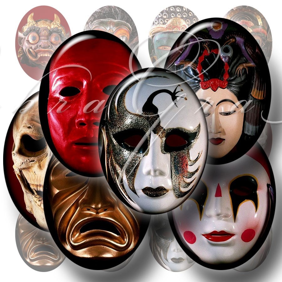 Masks Digital Collage Sheet CG-09 30x40mm Ovals for Crafting Scrapbooking Pendant Jewelry Making JPG