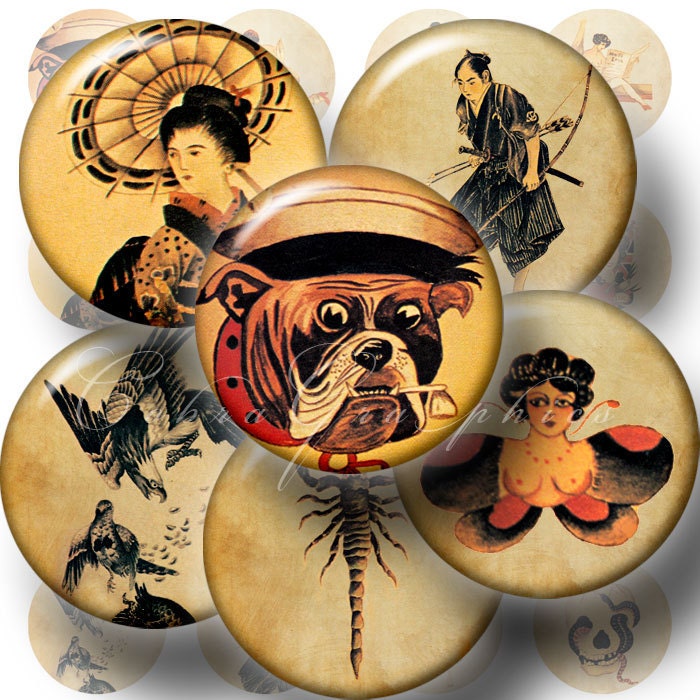 Retro Tattoo - 1 in circles Digital Collage CG-210 for Scrapbooking, Resin Pendants, Bottle Caps