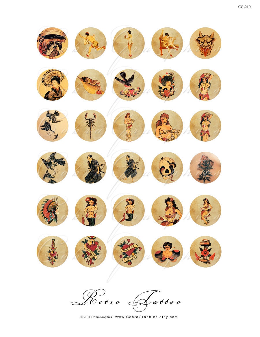 Retro Tattoo - 1 in circles Digital Collage CG-210 for Scrapbooking, Resin Pendants, Bottle Caps