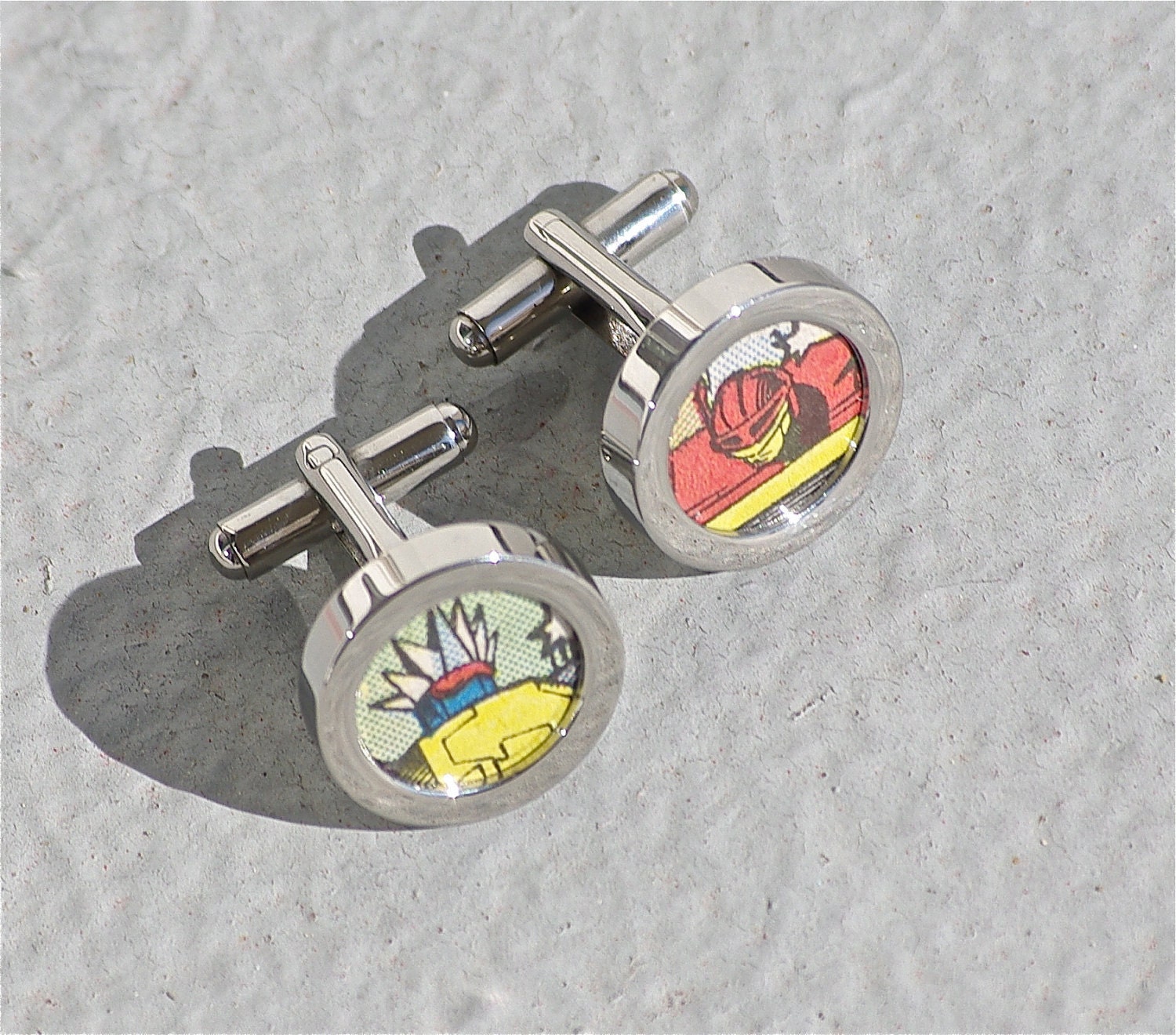 Transformers cuff links autobot cufflinks recycled handmade comic book upcycled marvel comics Autobots Commander Grimlock and Blaster