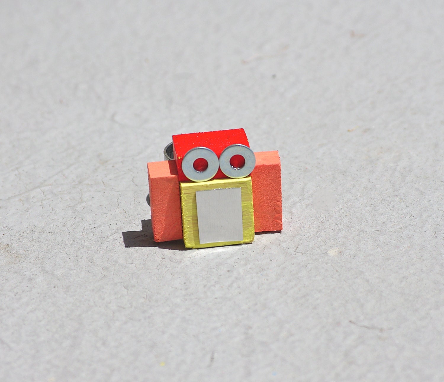 Robot Ring handmade from reclaimed wood and scrap metal accessories for men and for women geeks nerdy red orange yellow cute