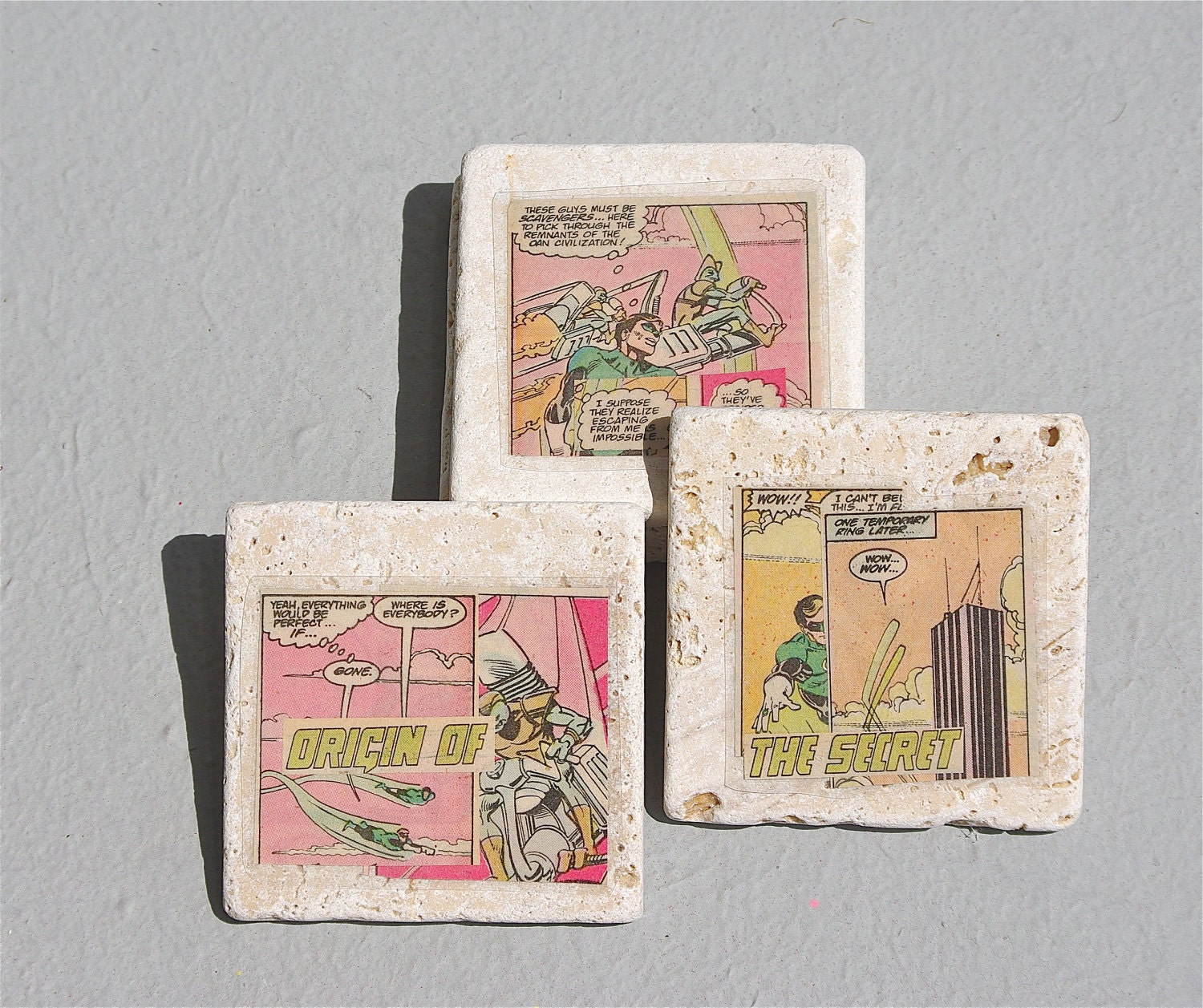 Green Lantern Coasters Set of 5 Hand Made from European Marble Stone Slate Recycled upcycled  Justice League Comic Book Dc comics