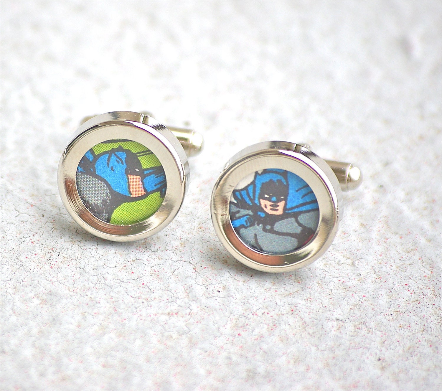 Batman Cuff links Dark Knight Cufflinks recycled superhero accessories for geeks vintage comic book comics dc superheroes JLA