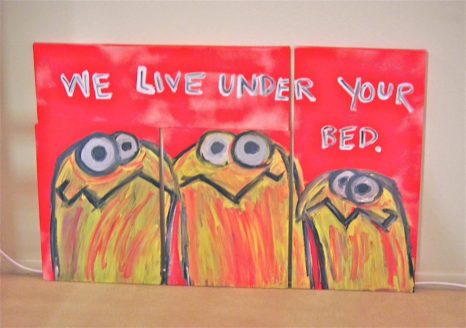 We Live Under Your Bed, Multipanel Canvas art multi-panel painting red yellow industrial monsters acrylic spray paint original artwork