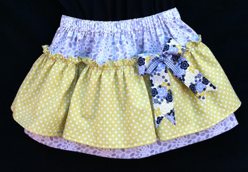 Girls Ruffled Skirt Citron and Grey Ribbon Bow Size 4T Ready to Ship Spring Summer Clothing OOAK Handmade Original Gift