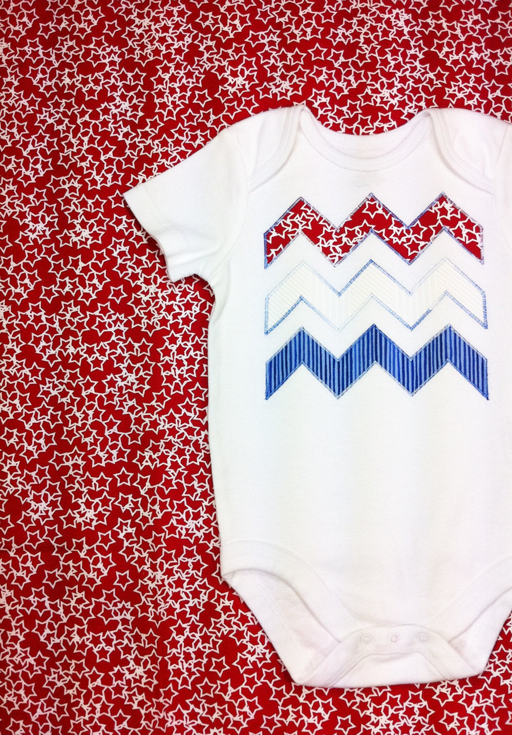 Patriotic Baby Bodysuit Boutique Red White Blue Chevron Size 12 Month Ready to Ship OOAK Handmade Original July 4th Summer