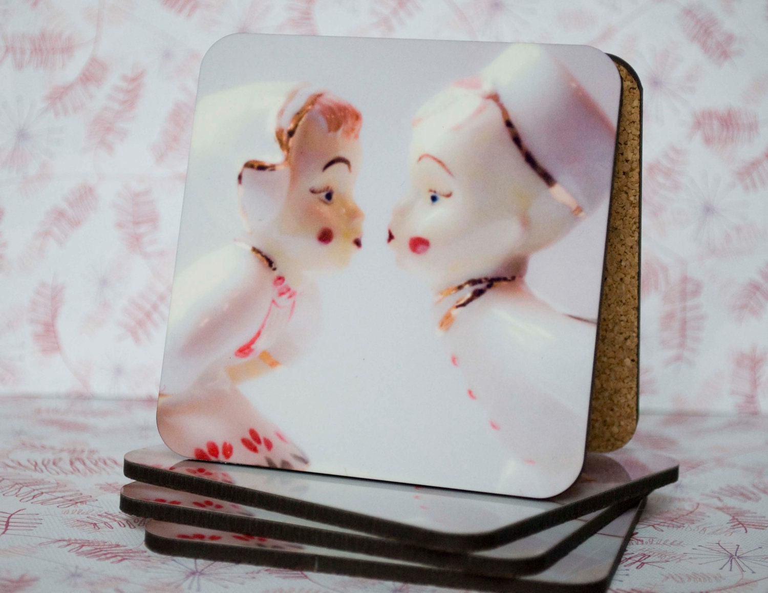 Home Decor Fine Art Photograph Coaster Set of 5 Romance Boy Girl Kissing Kitsch Gift for Her Drink Coasters Cute Love