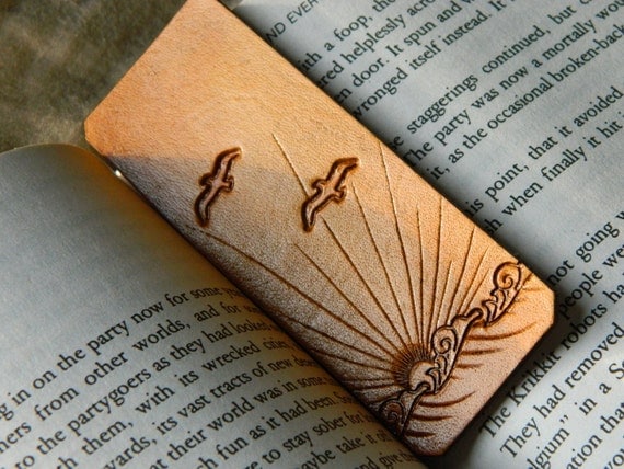 Leather Bookmark - Ocean Sunset Design - Hand Tooled - Nautical