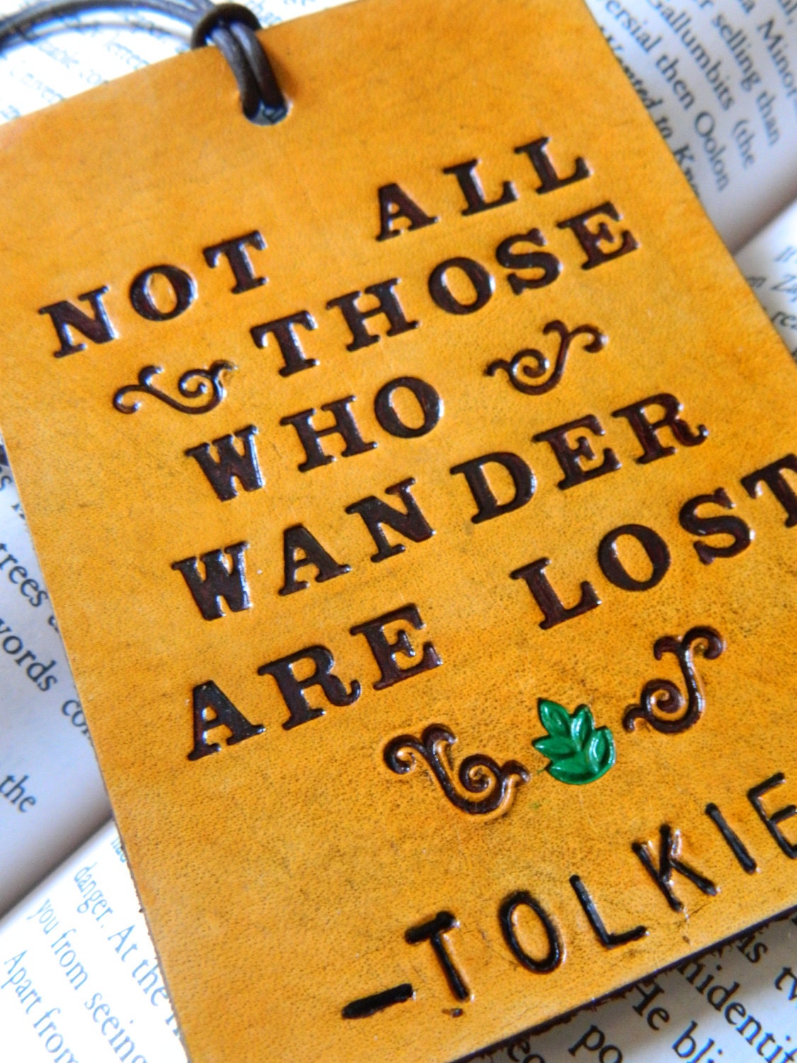 Leather Luggage Tag - Tolkien Quote - LOTR - Green Leaf Swirl Detail
