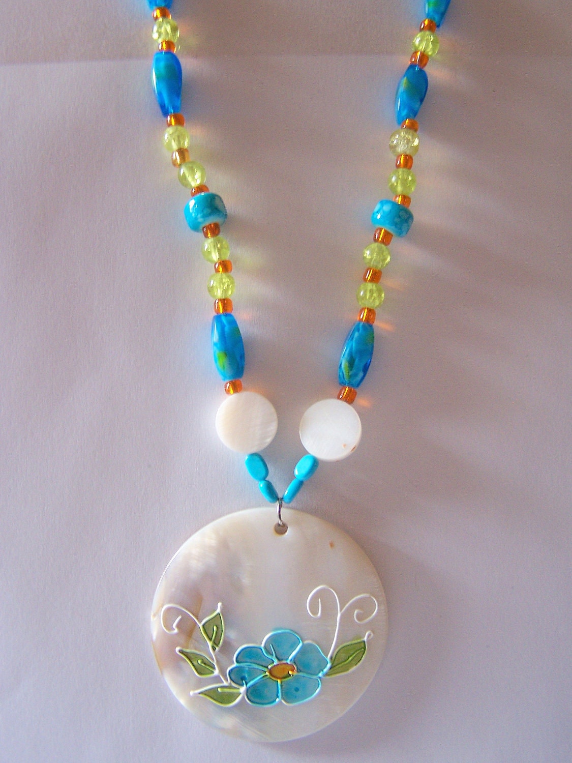 Shell Turquoise necklace, handmade, etched shell pendant, mother of pearl. mermaid's favor