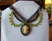 Cameo necklace, handmade, creamy cameo, green crystals, jet, black accents, vintage, gothic, steampunk
