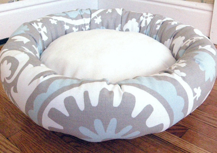 One-Piece 22" - Dog Bed - Cat Bed - Taupe with White and Powder Blue & Minky Fleece