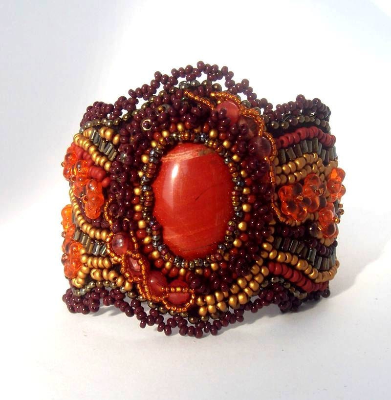 Bead embroidered cuff bracelet with red jasper- Unique gift  for her Brown terracotta burgundy gold OOAK jewelry