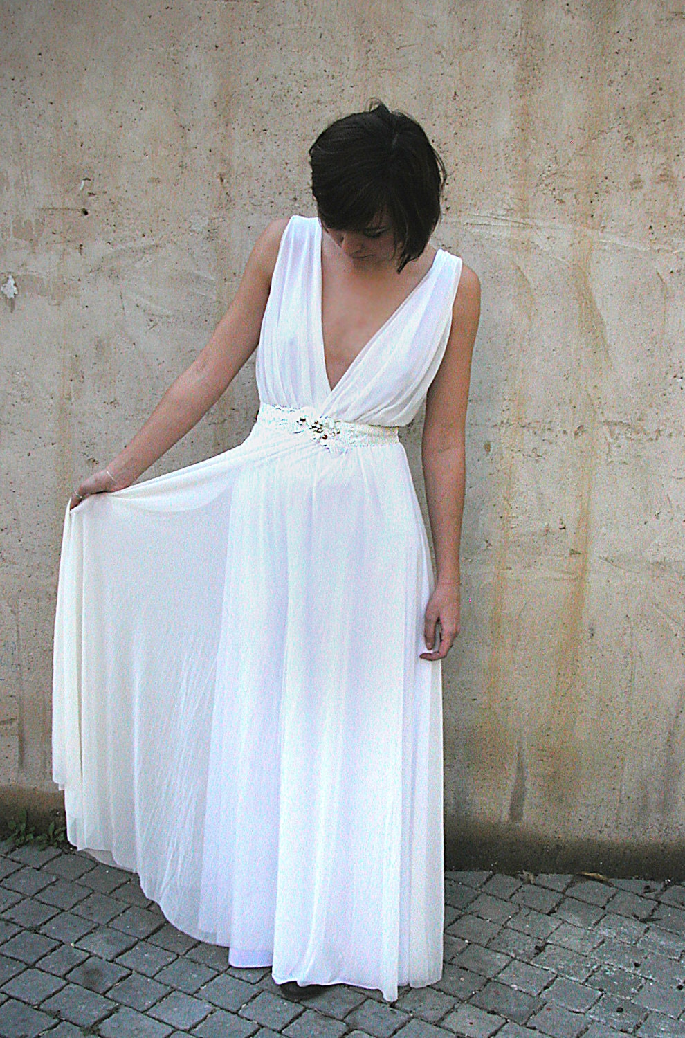 wedding dress deep V neck cleavage with jewelry belt