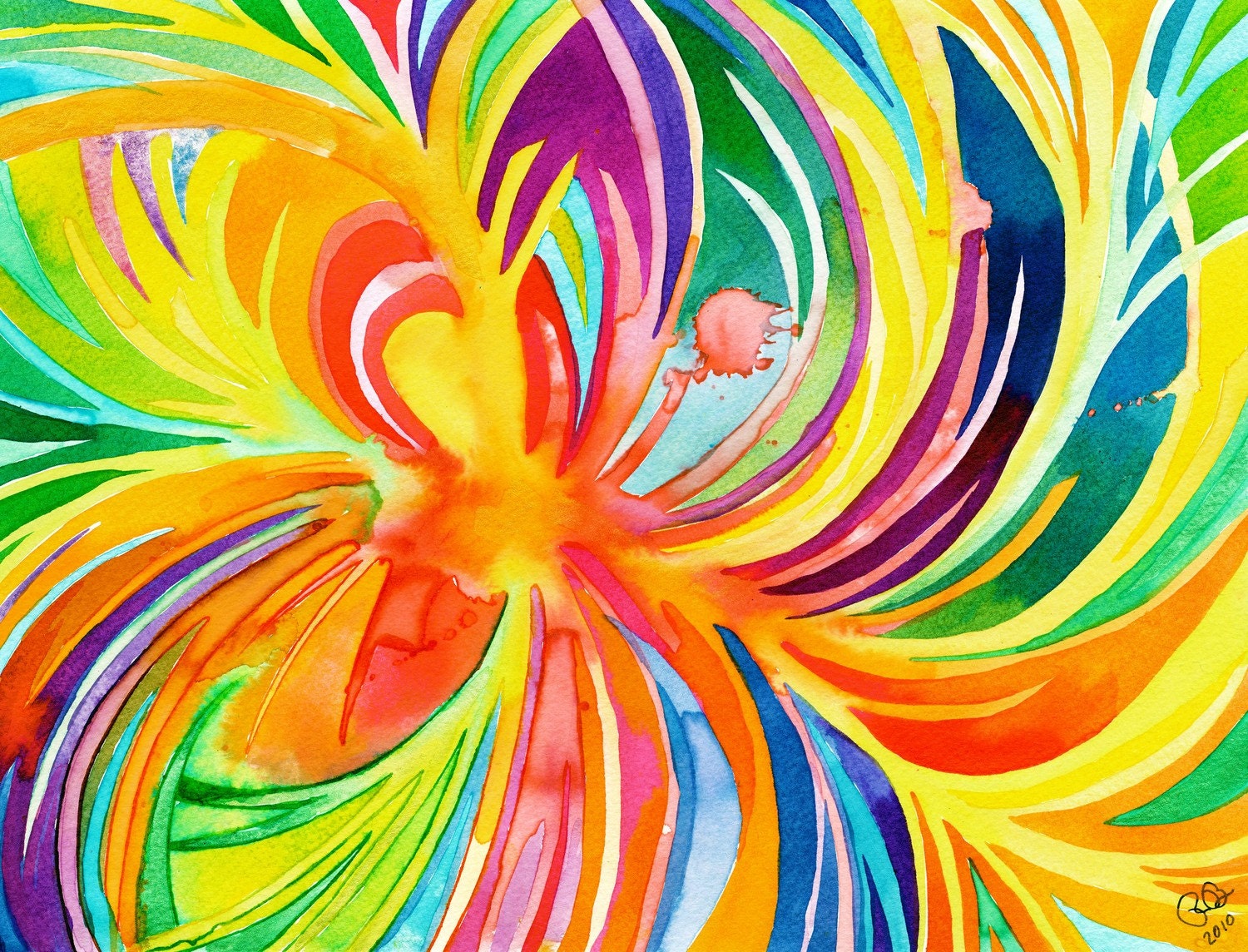 Seat of the Soul Print (Psychedelic rainbow watercolor painting with neon abstract spiritual vibrant spontaneous ink swooshes)