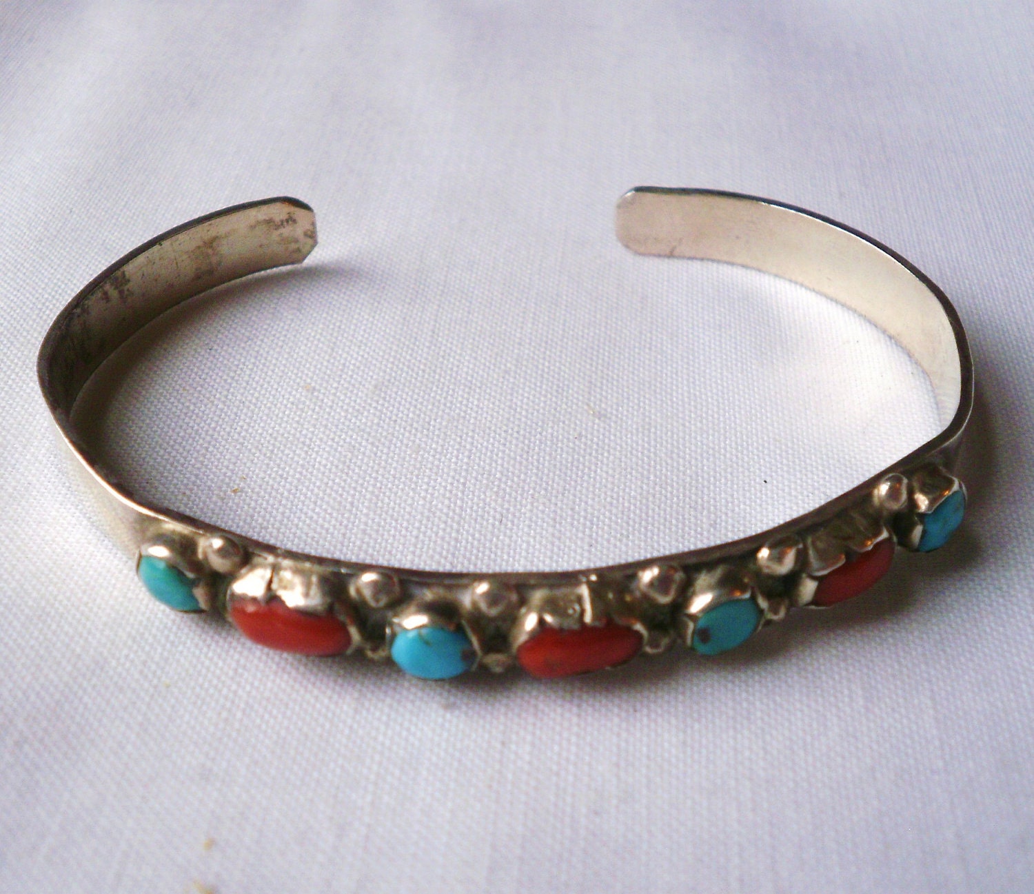 Vintage Sterling Silver Turquoise and Coral Cuff Bracelet
