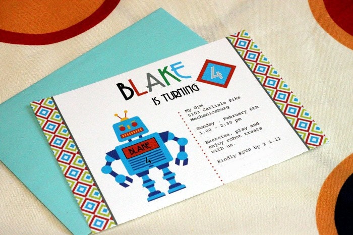 Personalized Robot Party Invitation and Thank You Card