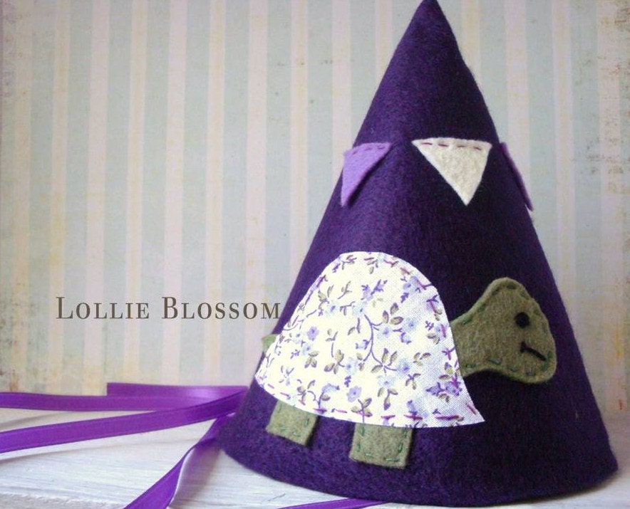 Felt Birthday Hat, Purple hat, Turtle, Shabby Chic