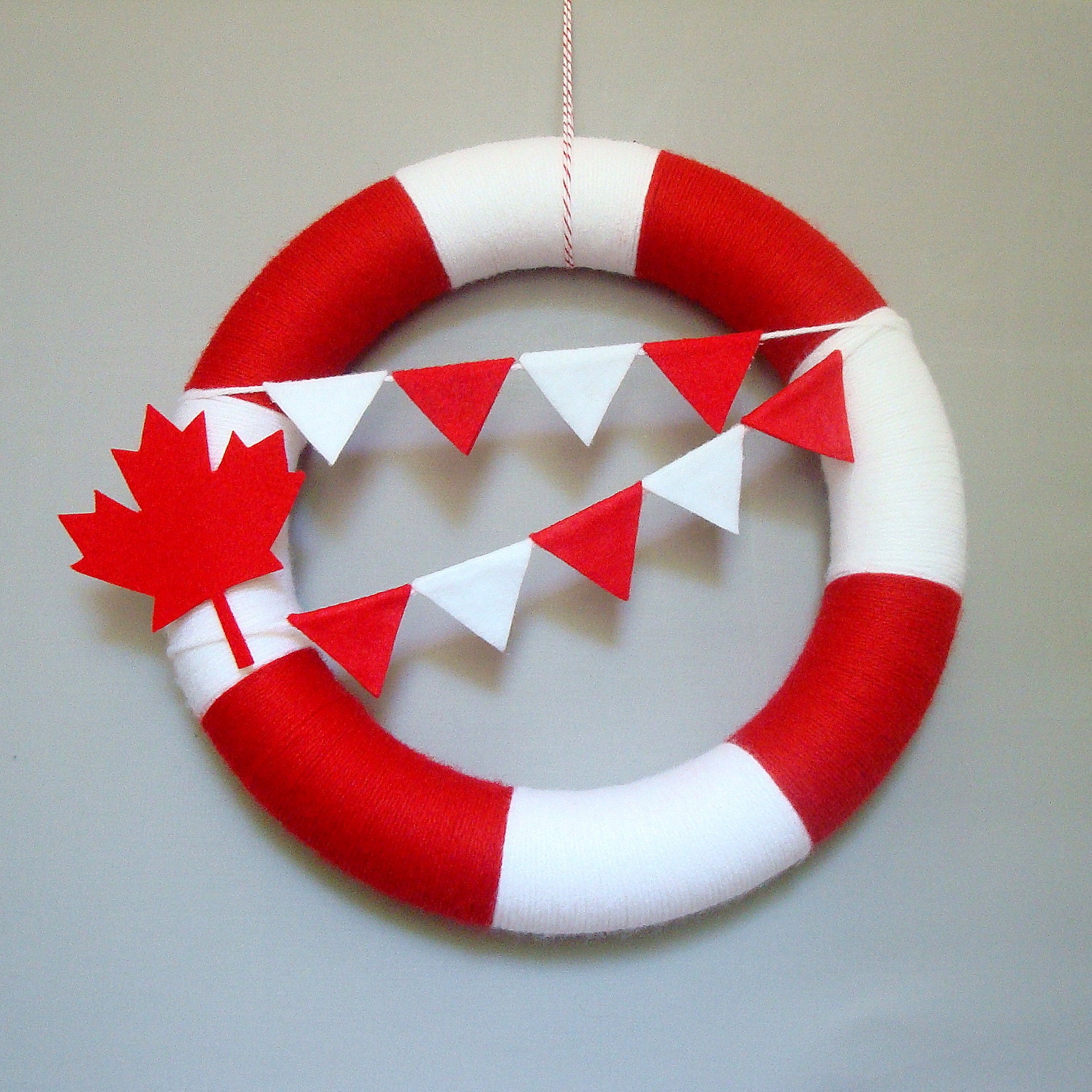 Canada Day Yarn Wreath Red, White, Maple Leaf, Bunting Flags. Patriotic Wreath, Decor. Summer Decor. Canadian Veteran Gift. - HeartfeltYarnWreaths