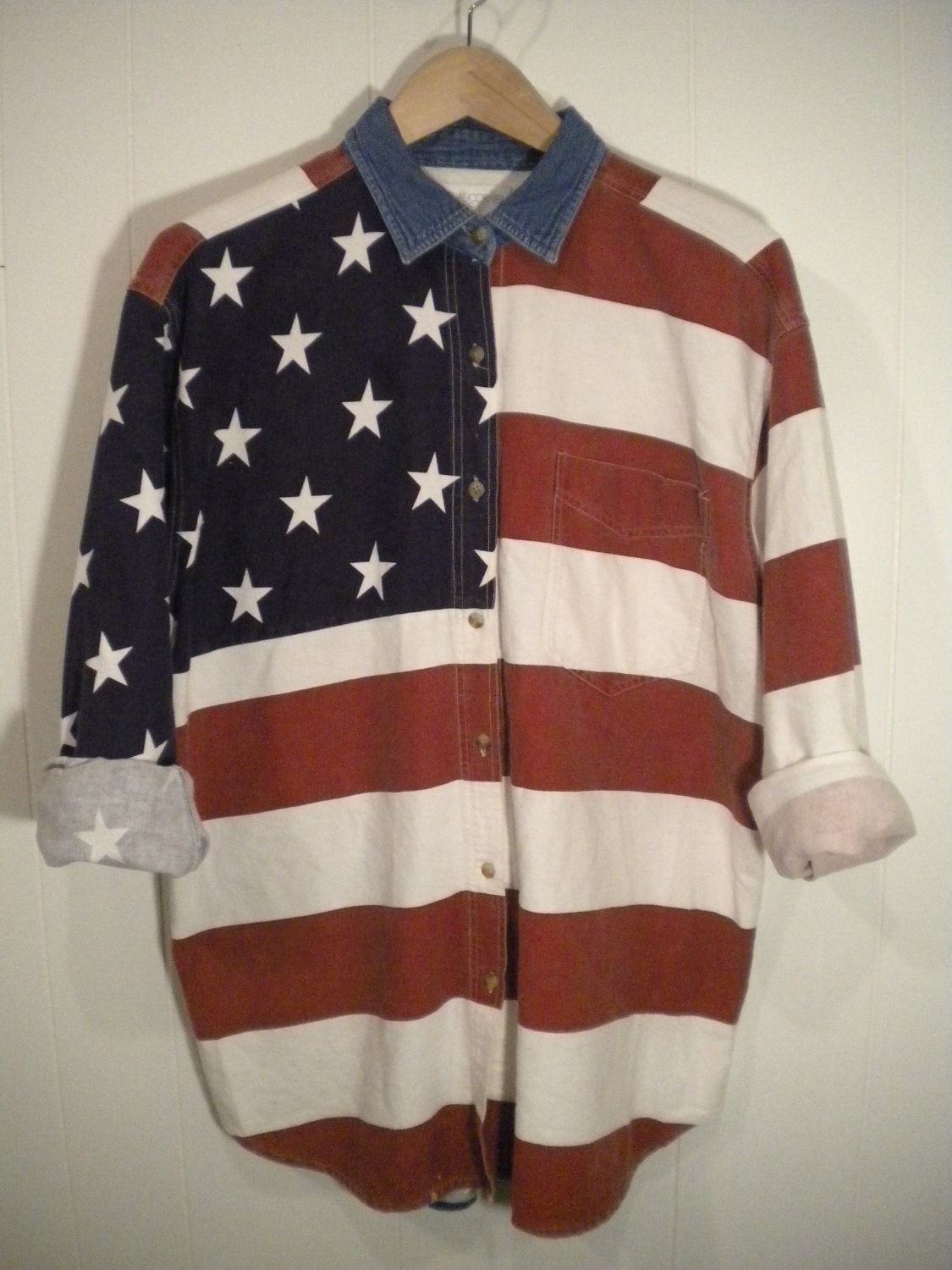 USA Flag Long Sleeve Button Down Shirt w denim colar
