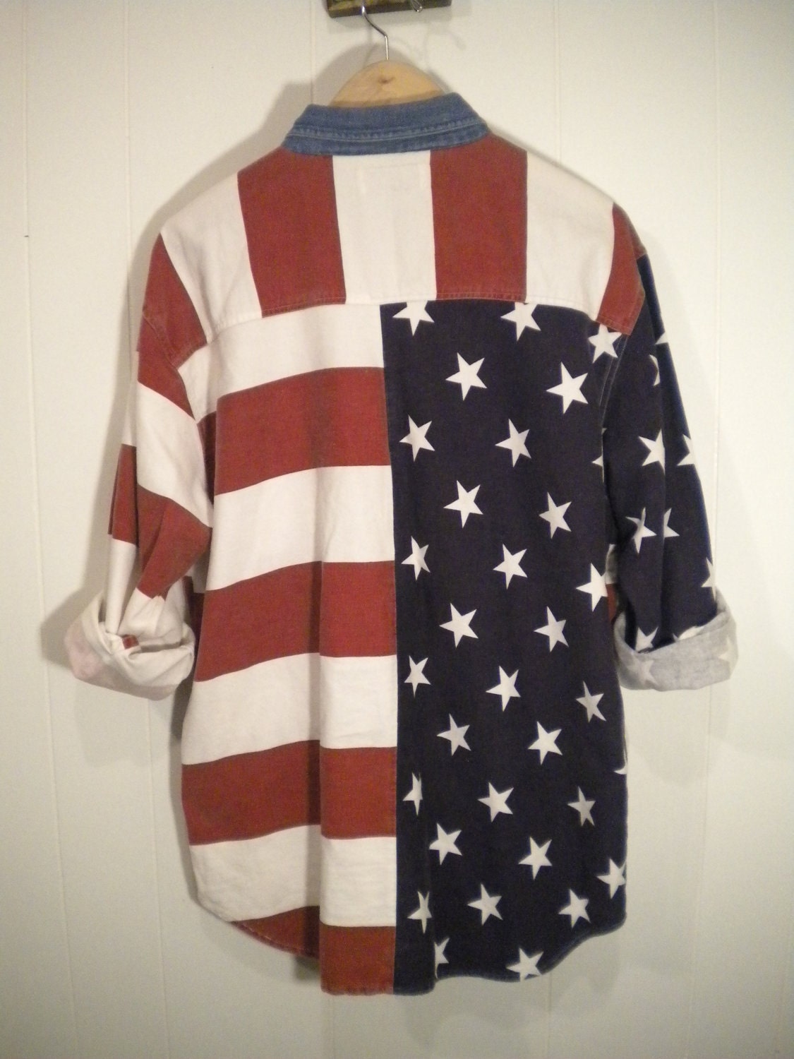 USA Flag Long Sleeve Button Down Shirt w denim colar