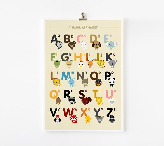Alphabet A-Z uppercase and lowercase animal with pocket 8x10 on A4 alphabet poster, Kids Wall art