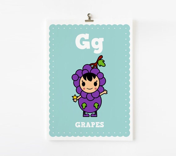 Children Decor, Alphabet poster G is for Grapes 8x10 art print
