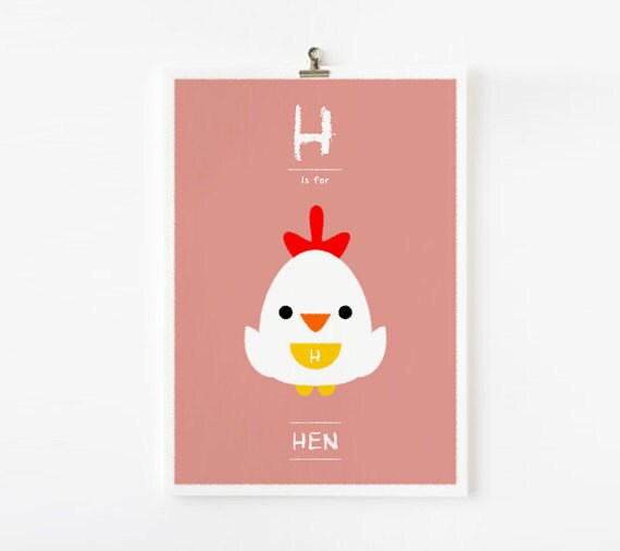 Alphabet poster H is for Hen 8x10 art print - Animal with pocket