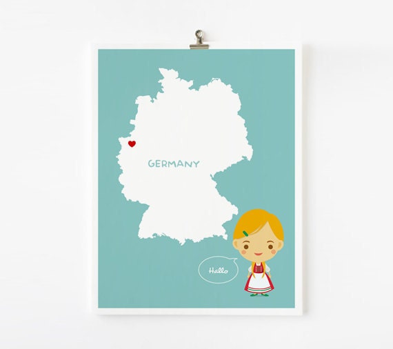 Personalized Children Decor Custom Germany Map with adorable children in traditional costumes 8 x 10 Art print