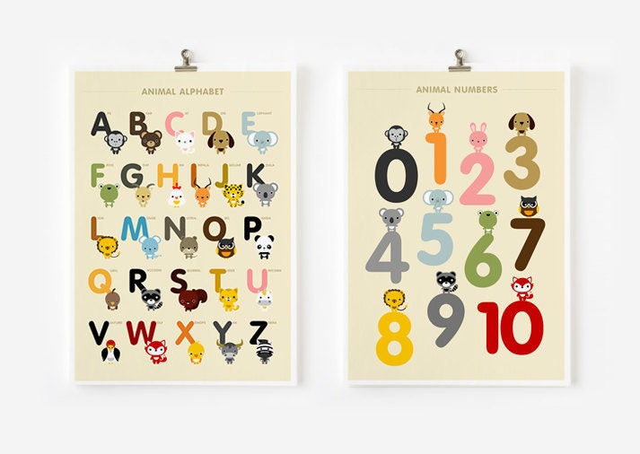 Children decor, Alphabet and Number Posters, Kids wall art animal 8x10 art print
