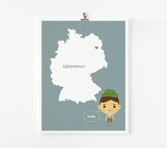 Personalized Children Decor Custom Germany Map with adorable children in traditional costumes 8 x 10 Art print