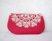 Raspberry and cream - Linen and Vintage Doily Clutch