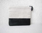 Canvas zipper pouch clutch purse cosmetic bag, upcycled leather bottom - HelloVioleta
