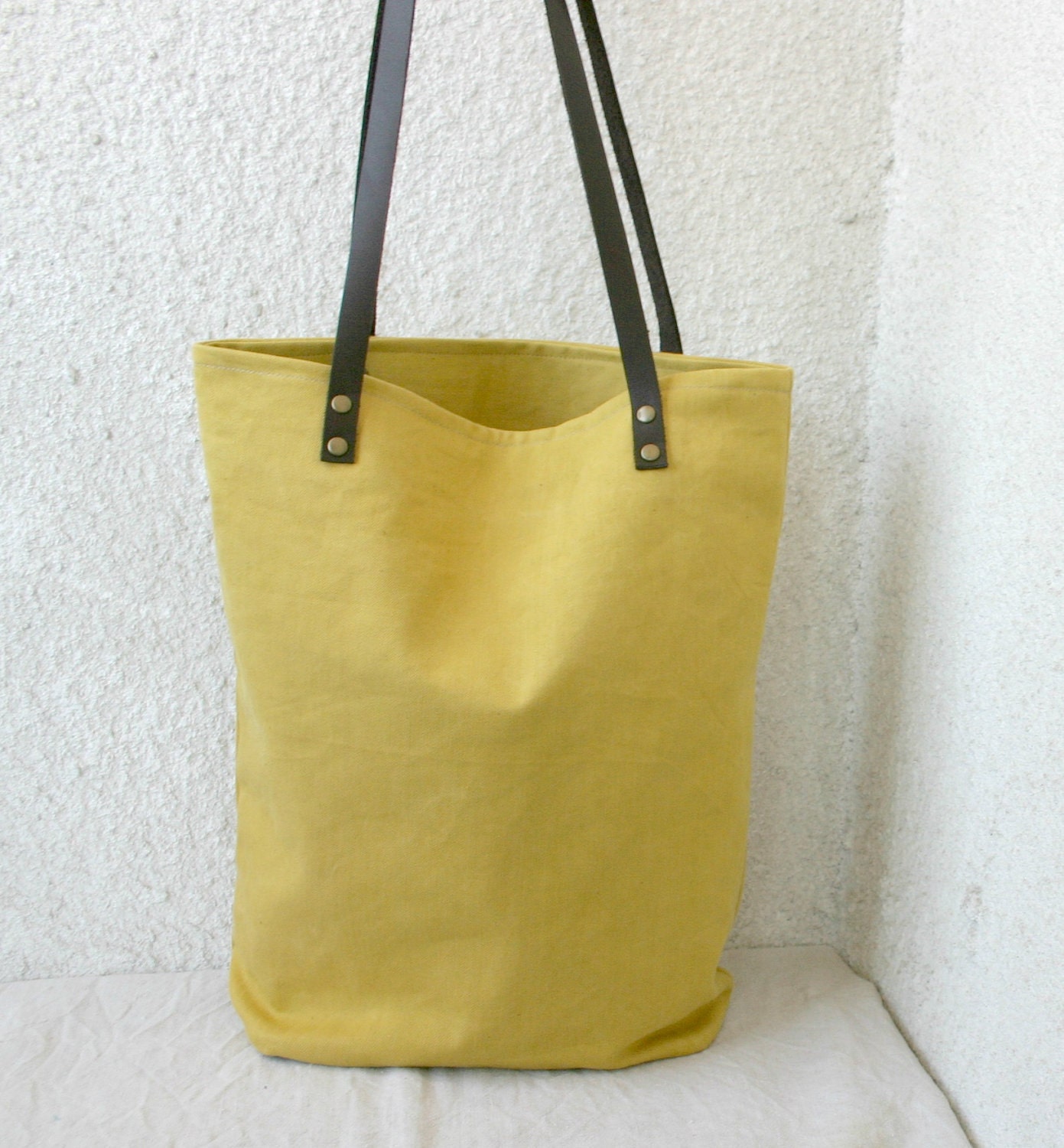 Leather straps bag, Canvas Tote, leather handles, mustard yellow, bucket bag - HelloVioleta