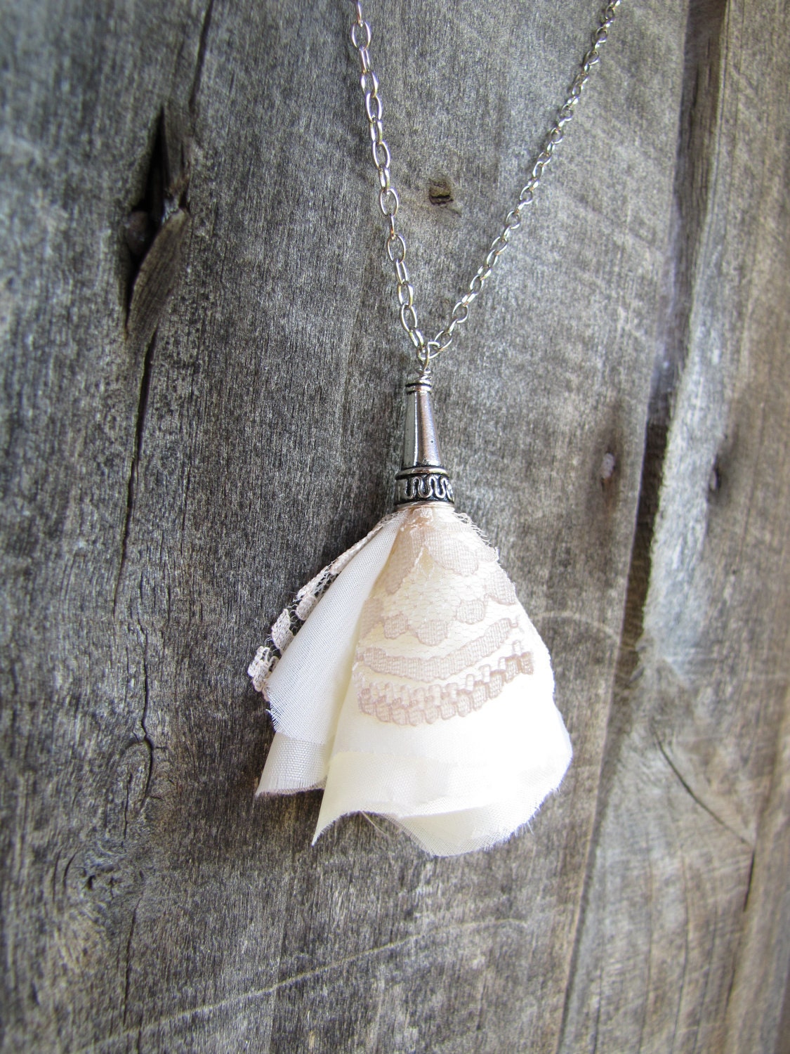 Very Gentle Necklace Fabric and lace Pendant on a silver tone chain