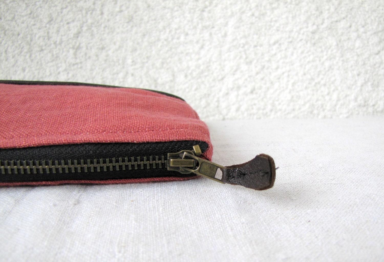 Linen and leather, clutch purse, cosmetic bag, make up bag, vintage upcycled leather bottom