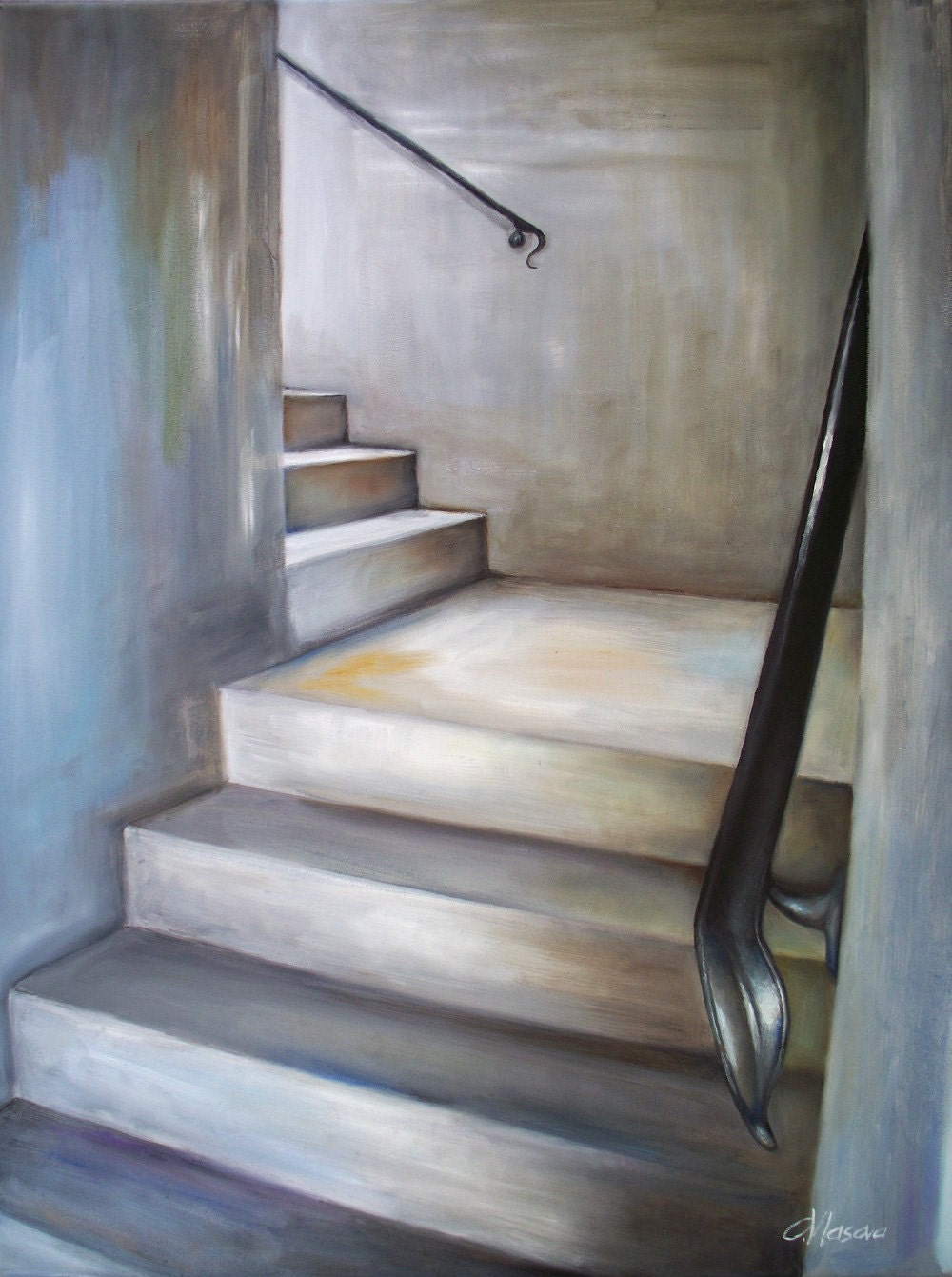 Staircase Art Print, Cityscape in Gray, White, Beige and Black