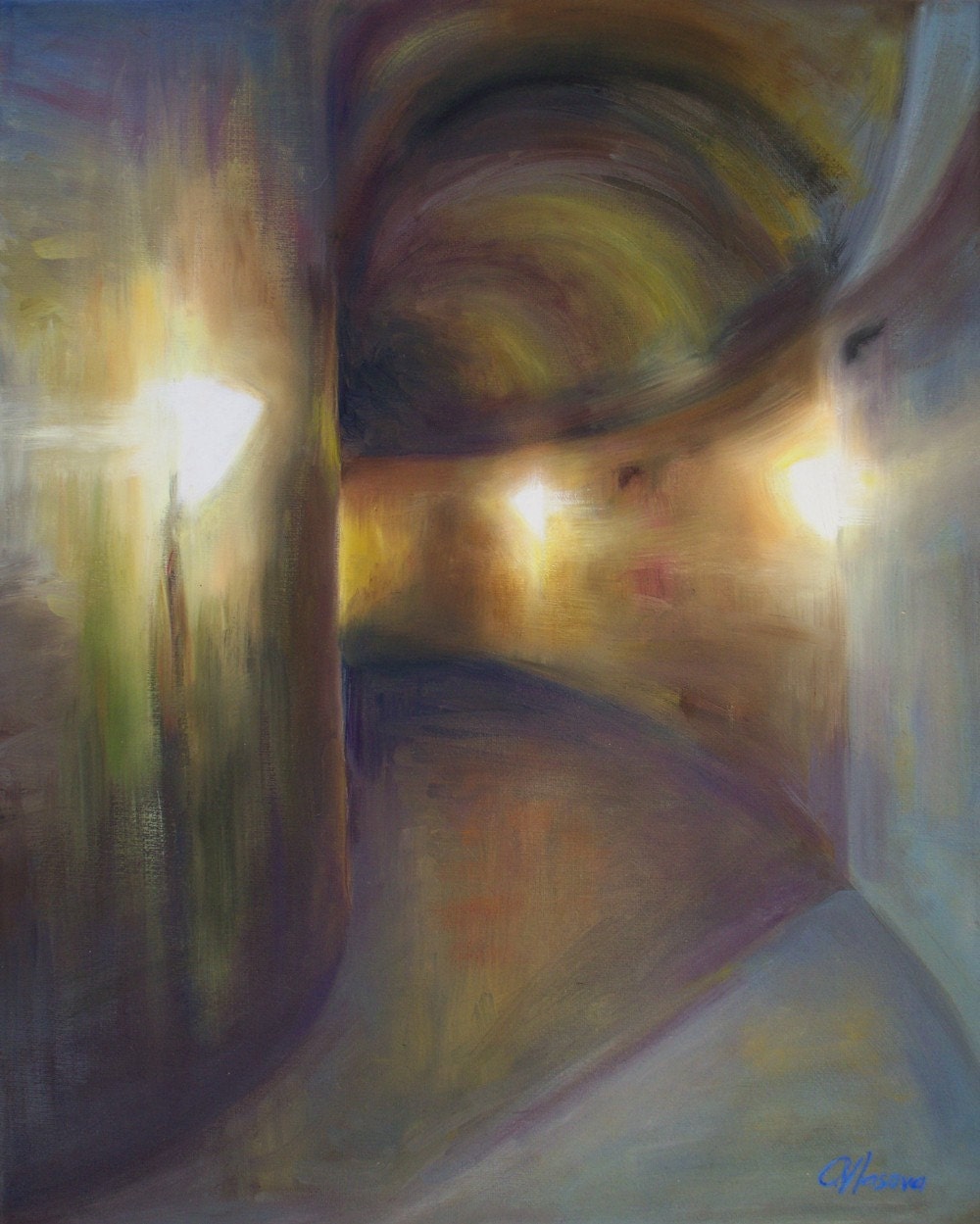 Tunnel Art Print, Cityscape Painting, Dim, Curved Tunnel